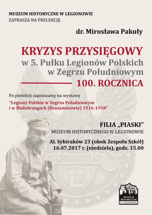Zaproszenie na prelekcje dotyczącą "kryzysu przysięgowego" do Filii Piaski Muzeum Historycznego w Legionowie